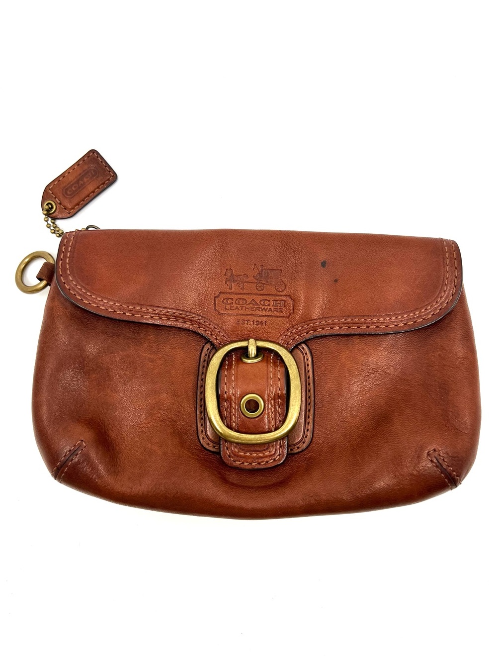Vintage Coach Bleecker Whiskey Leather Wristlet Clutch Tattersall Lined